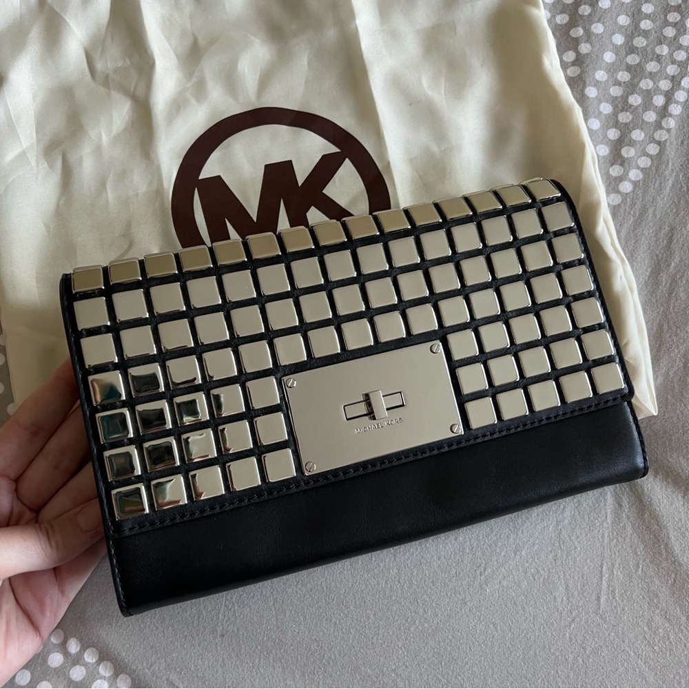 NWT Michael Kors Natalia Tile Black and Silver Clutch